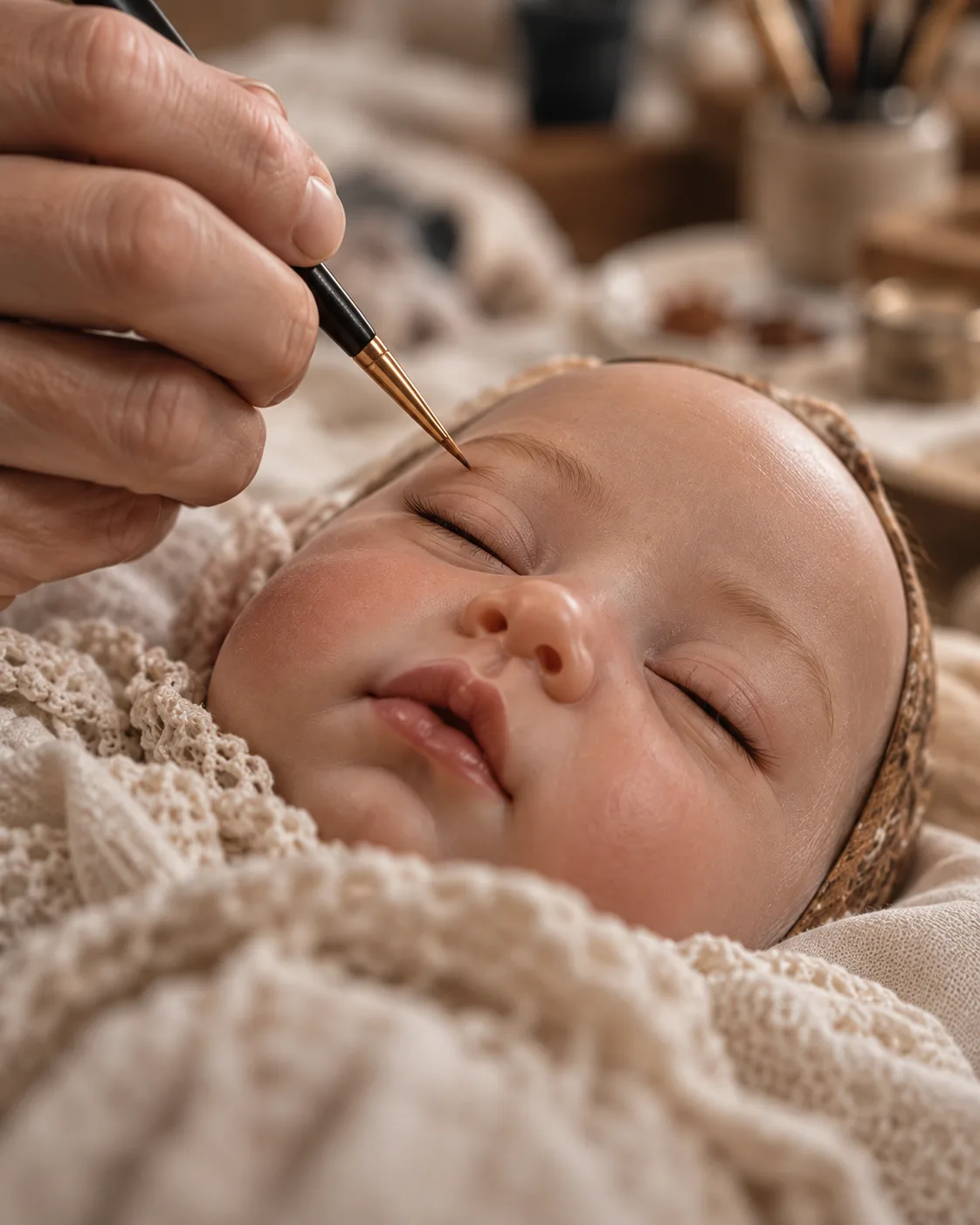 Illustration of a fine brush painting a collector doll eyebrow.