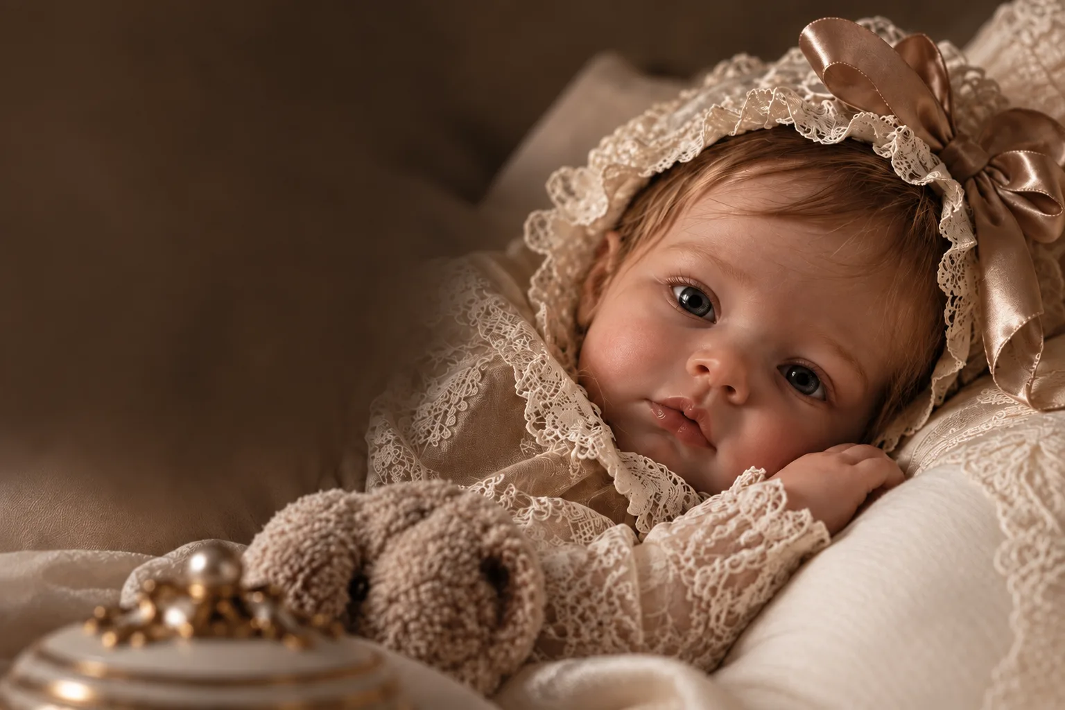 Illustrative collector doll wearing an ivory lace bonnet.