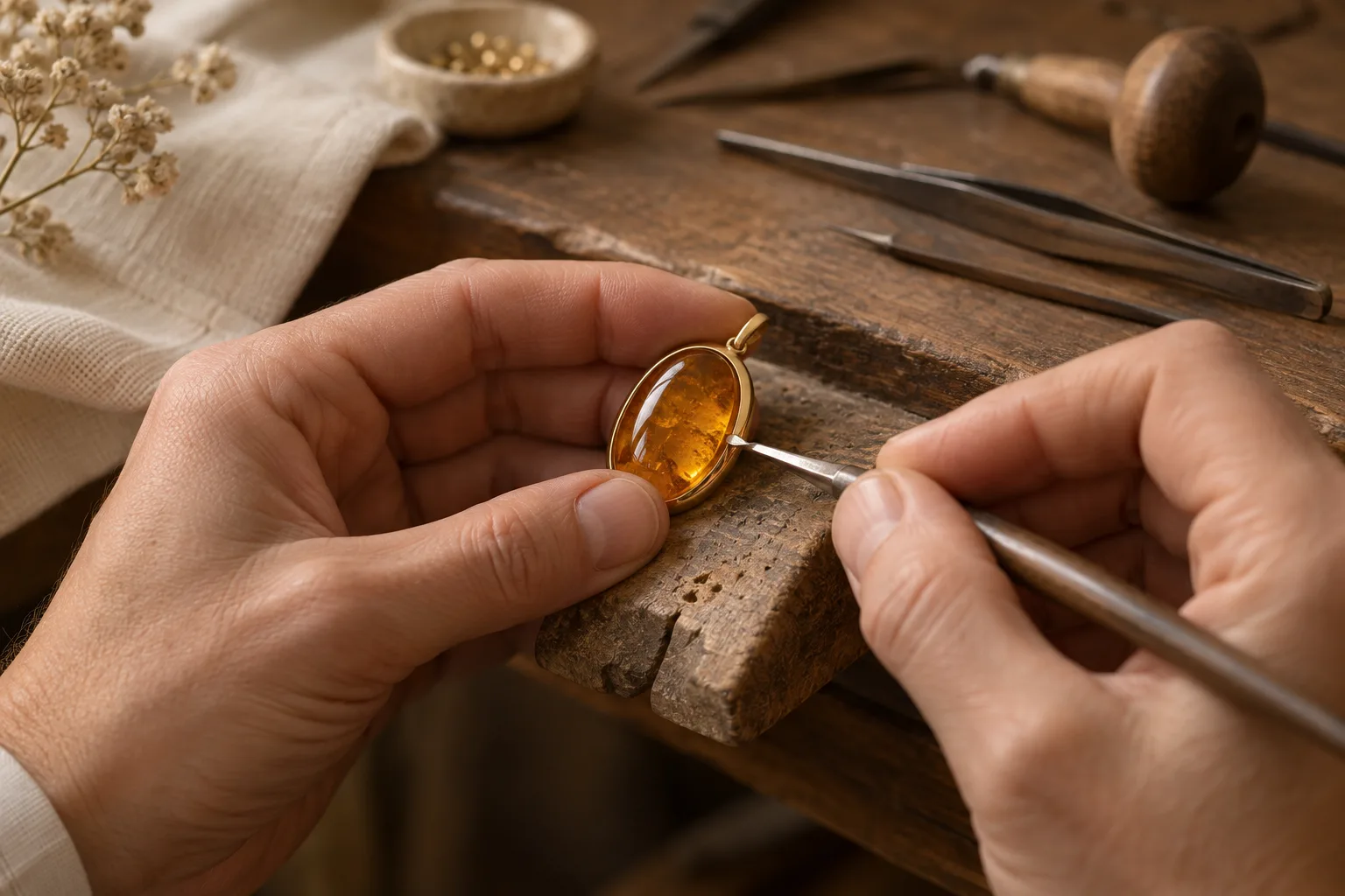 AI illustration of a jeweller working on an amber pendant setting.