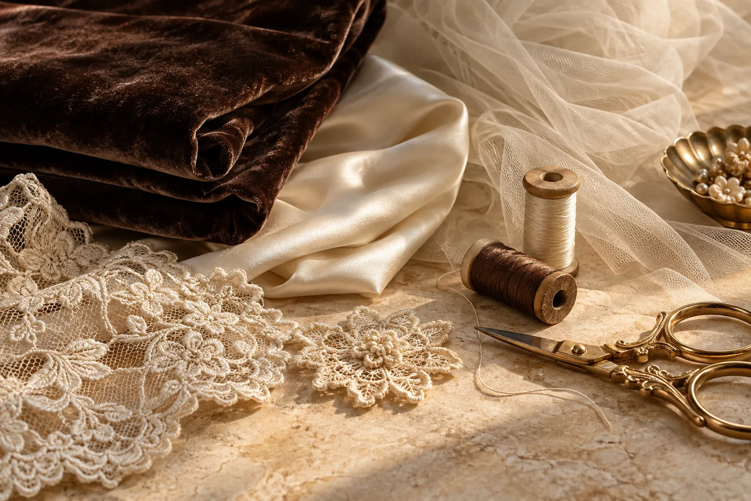 AI illustration of couture fabrics and lace arranged on an atelier table.