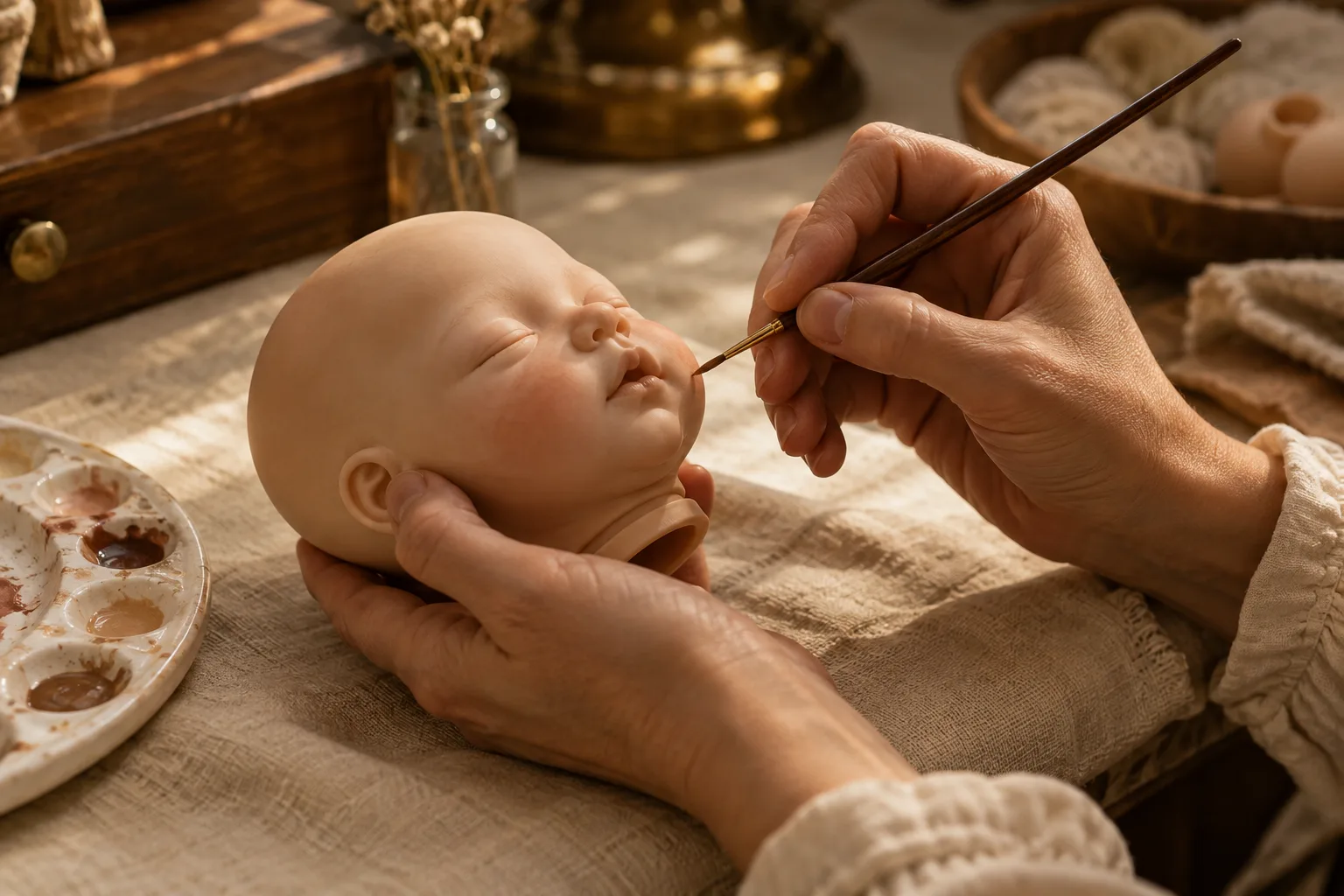 AI illustration of an artisan painting a vinyl collector doll.