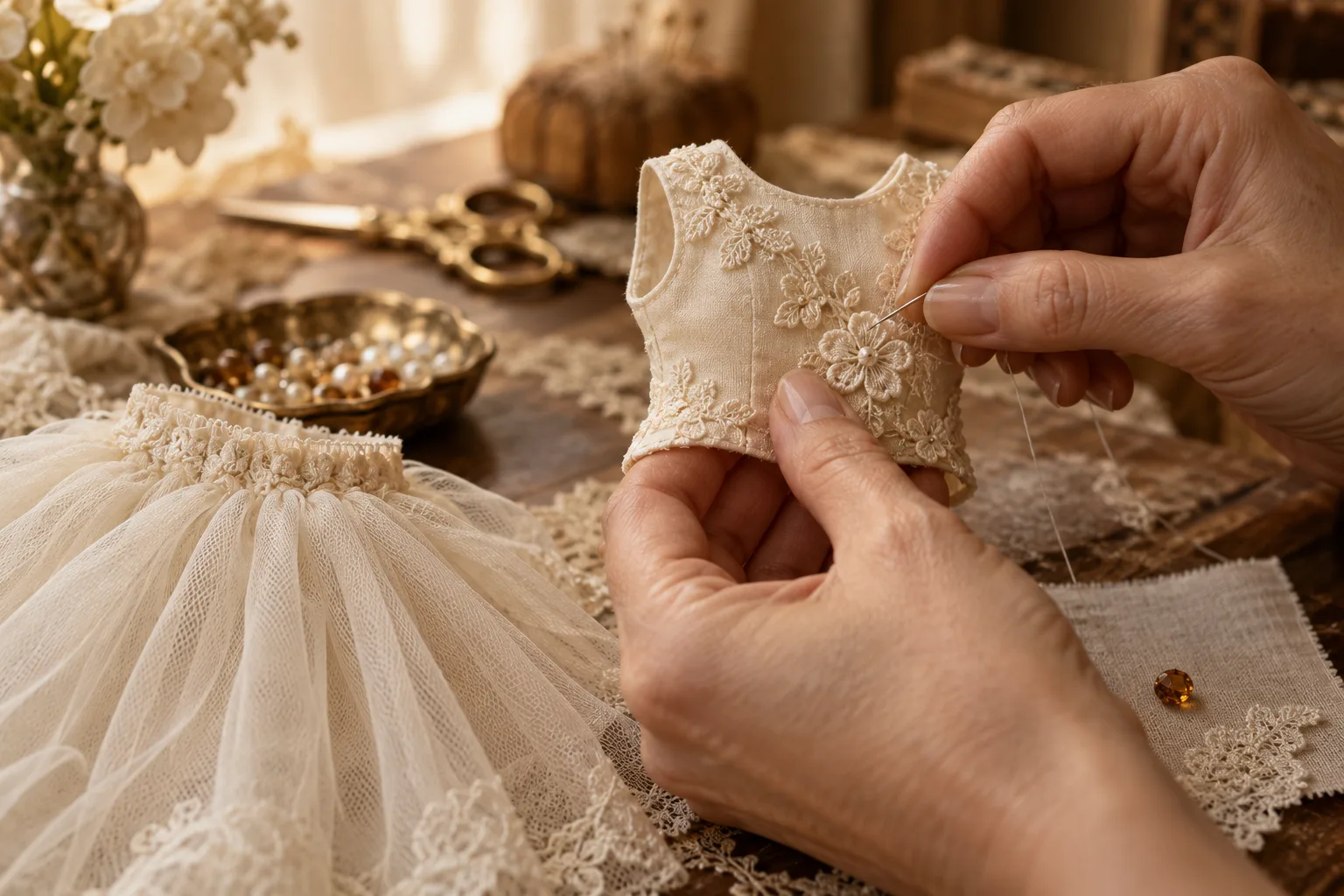 AI illustration of lace being hand-sewn onto a miniature dress yoke.